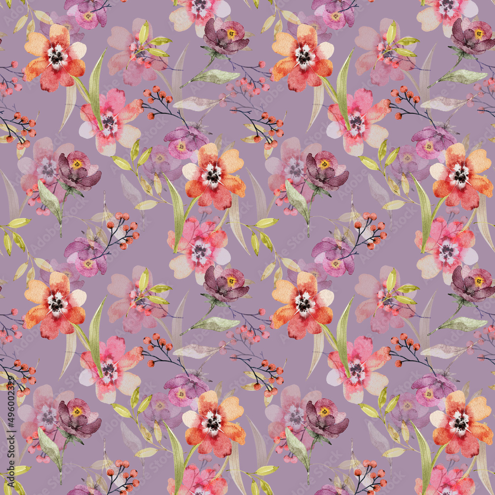 Seamless pattern with watercolor flowers and leaves on a lilac background, hand painted.
