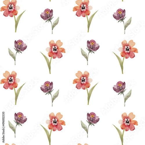 Seamless pattern with watercolor flowers and leaves on a white background  hand painted.