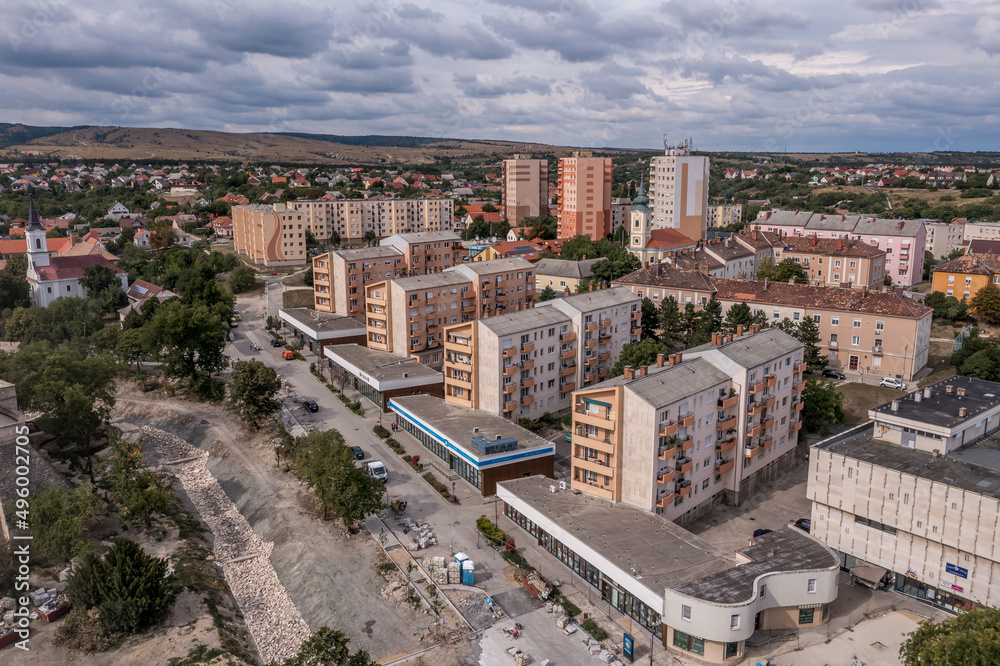 Aerial view of a communist era block house complex build for workers of the heavy industry in the mining town of Varpalota Hungary