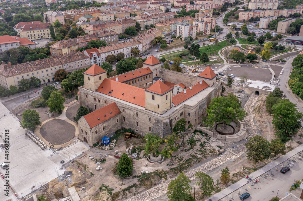 Aerial view of Varpalota Thury castle after massive restoration work and excavations, adding a nice park in the middle of the former heavy industry town in Hungary