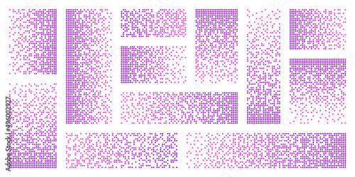 Pixel disintegration, decay effect. Various rectangular elements made of colorful round shapes. Dispersed dotted pattern. Mosaic texture with simple particles. Vector illustration.