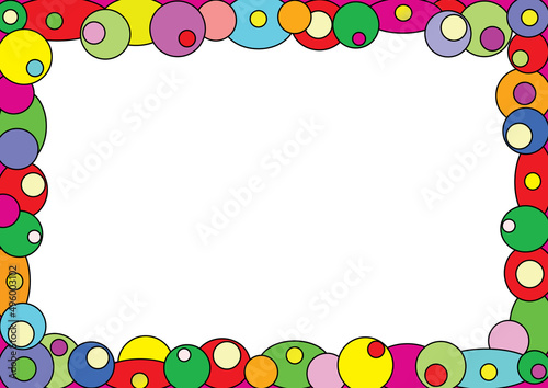Colorful frame with hems with colored circles for children's party. Colored circles with white space for invitation in vector and jpg.