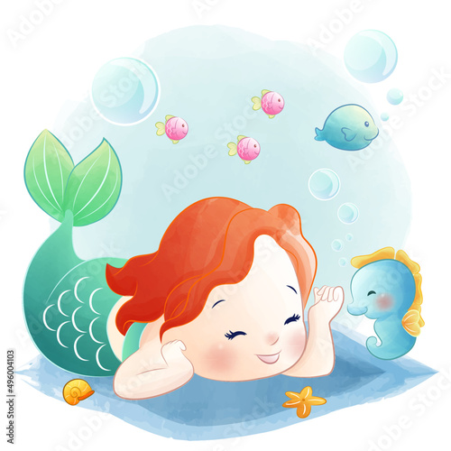 Cute animals Underwater cute mermaid along with fish and seahorse