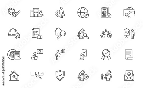 Inspect quality research line icon. Check examine list control safety risk analysis inspect stroke icon