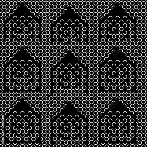 Vector illustration. Geometric seamless pattern. Contour circle, semicircle and quarter circle in the shape of a house. Spotted black and white background. Simple abstract background with polka dots.