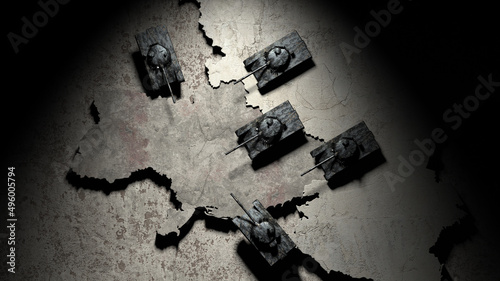 Russia Ukraine war map concept with Russia invasion of Ukraine and the movement of troops - 3D Illustration Rendering