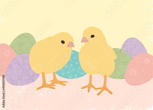 A pair of baby chicks and colorful easter eggs, in a cut paper style with textures
