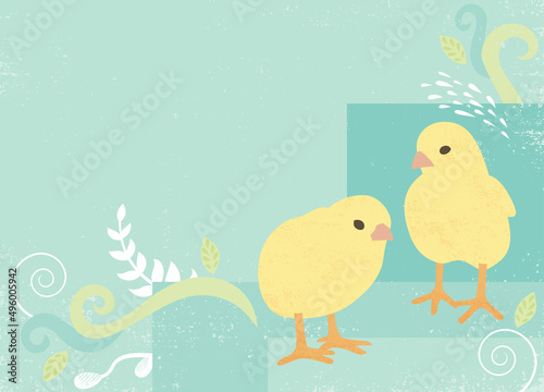 A pair of baby chicks & embellishments, in a cut paper style with textures

