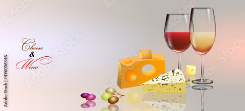 Cheese and wine, vector background with glasses, slices of cheese and grapes