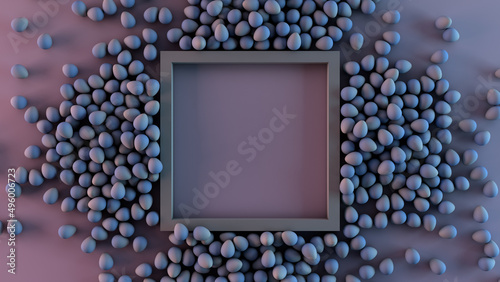Mockup of frame with easter eggs background, blank copy space to insert text. Scene template for advertising and presentation, easter concept, 3D illustration