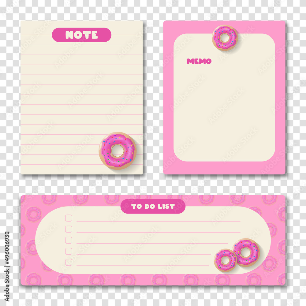 Cute memo template. A collection of striped notes, blank notebooks. Template for agenda, schedule, planners, checklists, notebooks, cards and other stationery. Vector illustration