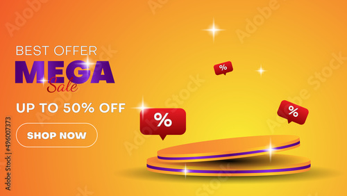 sale banner with 3d podium in orange and purple. business vector illustration
