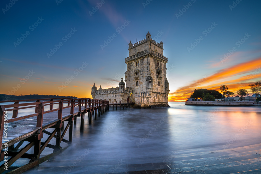Belem Tower at sunset on the Tagus river in Lisbon, Portugal