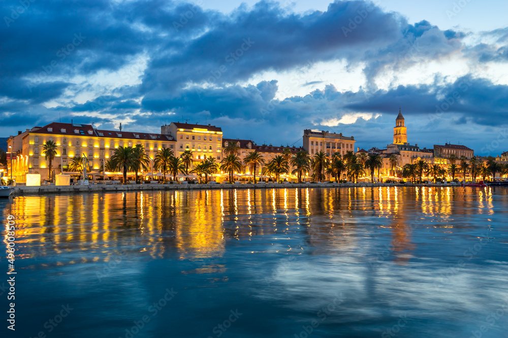 Diocletian Palace and St Domnius Cathedral at blue hour in Split. Dalmatia, Croatia