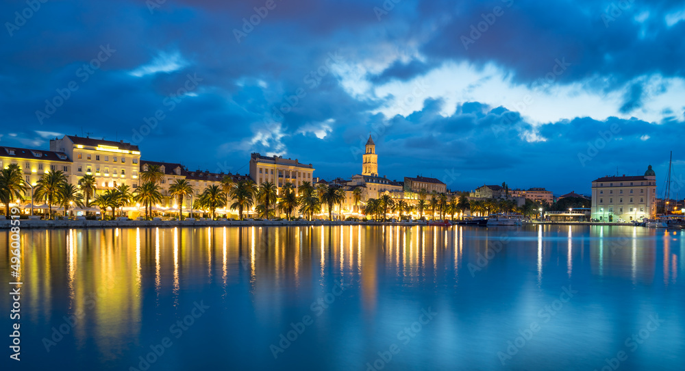 Diocletian Palace and St Domnius Cathedral at blue hour in Split. Dalmatia, Croatia