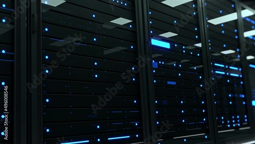 High speed network connecting data servers in a server room. Data center with working rack servers that are used for big data and cloud computing services. Technology, IT background. 3D animation. 4K