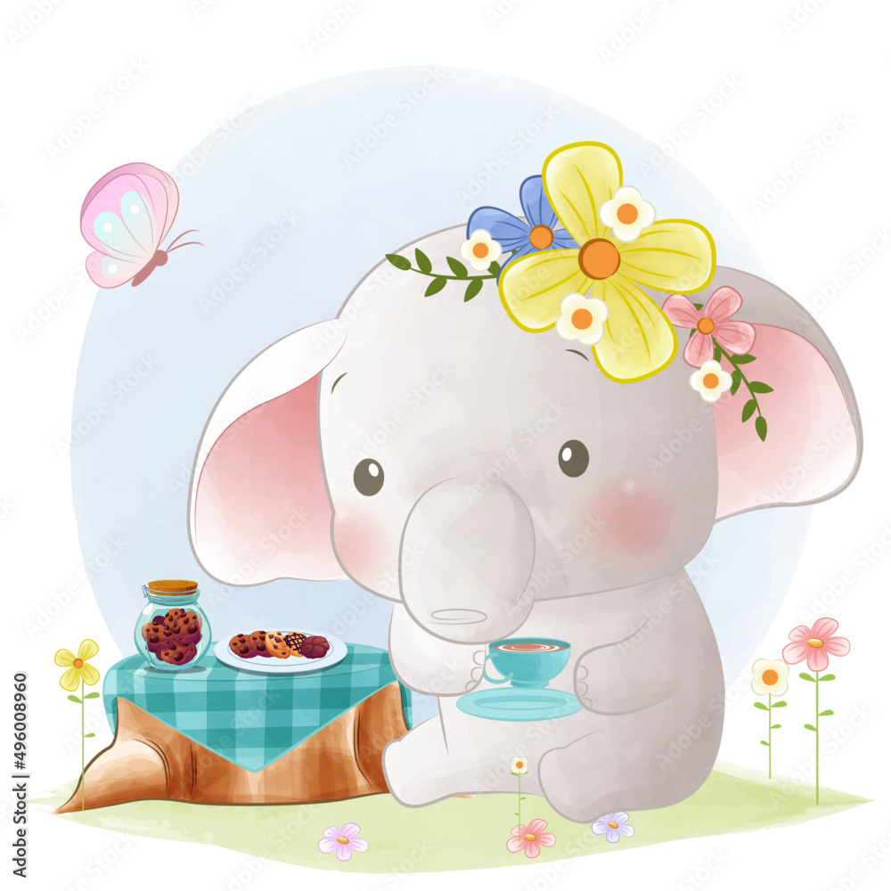 Cute elephant tea party watercolor illustration