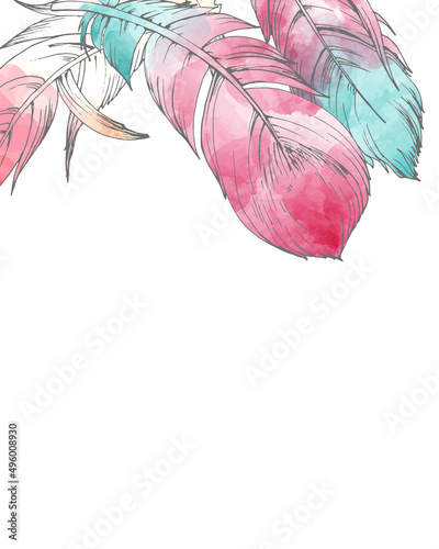621_feathers of birds, graphics bird feathers, watercolor drawing on a white background, colorful fluff on a white background