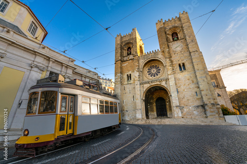 Lisbon city old town with famous Santa Maria cathedral on a sunny summer day. Portugal