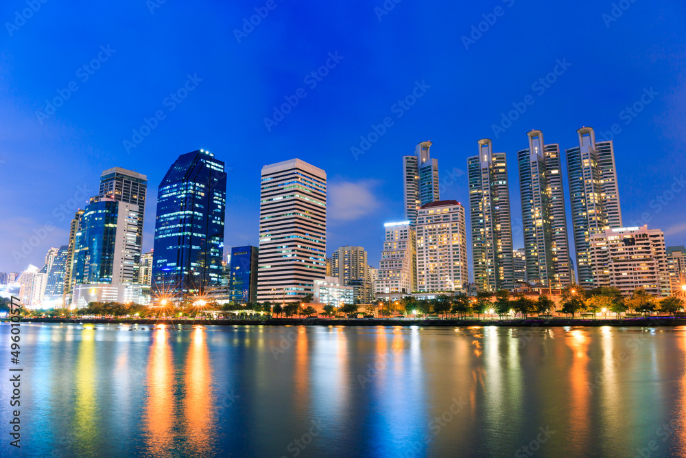 Benchakitti Park at twilight time in Bangkok, park in the center of the capital of Thailand