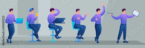 Collection of Teenagers in modern casual clothes. Variants of the movements. Designer. Young Specialist is Sitting on a Chair, Drinking Coffee, Talking on the Phone, Drawing on a Tablet