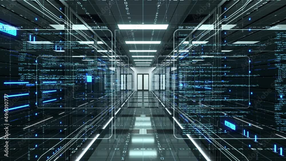 Transmission of digital information over a network between computing servers and a big data storage in a data center server room. Concept of cloud computing, cloud storage and machine learning. 4K Transmission of digital information over a network between computing servers and a big data storage in a data center server room. Concept of cloud computing, cloud storage and machine learning. 4K