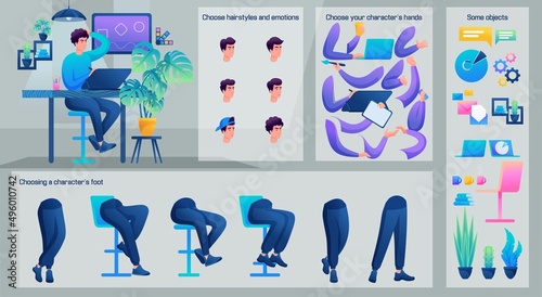 Stylized 2D Business Character, Male designer animator. Set for Animation. Use Separate Body Parts to Create An Animated, Hairstyles, Hands and Feet