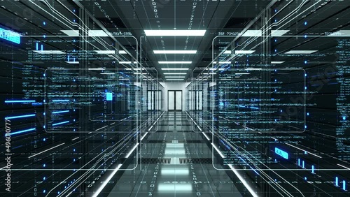 Transmission of digital information over a network between computing servers and a big data storage in a data center server room. Concept of cloud computing, cloud storage and machine learning. 4K