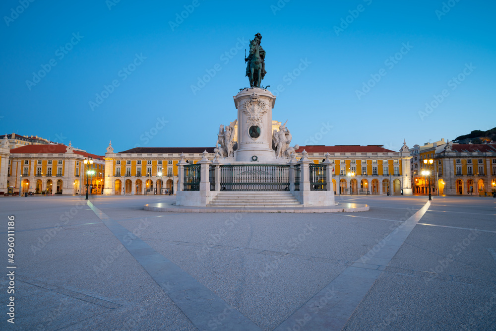 Commerce Square (Praca do Comercio) with with statue of of King Jose I in Lisbon. Portugal