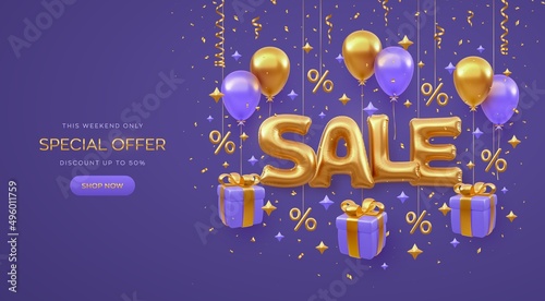 Sale banner design on purple background. Golden Sale word with fly helium balloons, gift boxes with golden bow. Gold percent symbols and glitter confetti. Realistic 3d objects. Vector illustration.