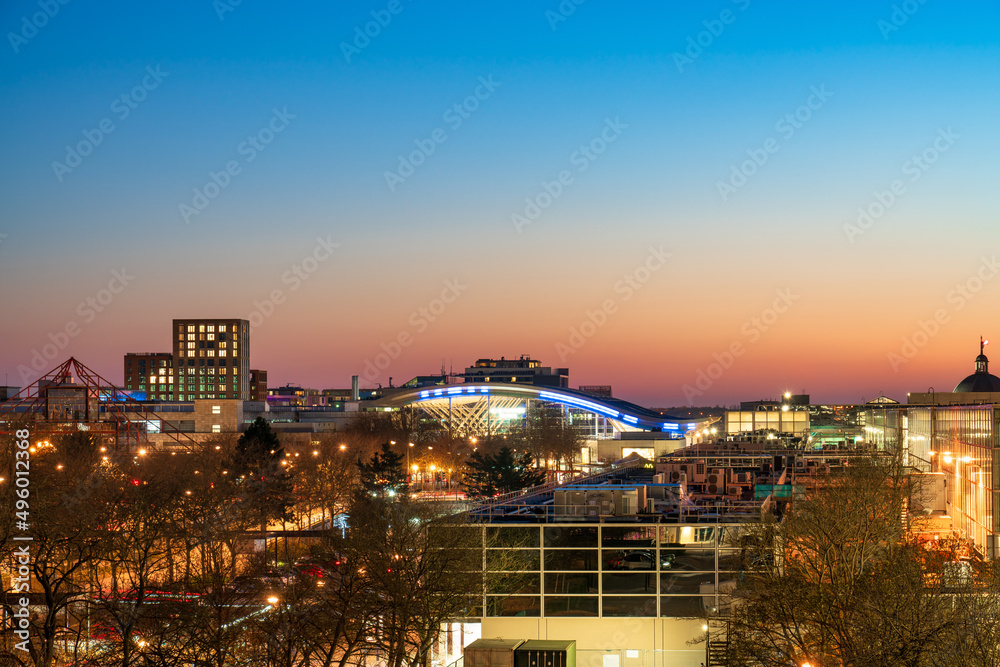 Aerial view of Milton Keynes downtown at sunset. England