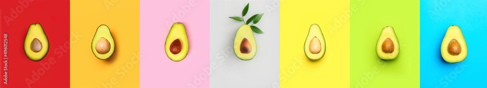 Set of ripe avocado on colorful background Set of ripe avocado on colorful background