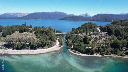 View of The Correntoso River, a river located in Villa La Angostura, Argentina, this River runs from Correntoso Lake to Nahuel Huapi Lake, standing out as one of the Shortest Rivers in the World. 4K. photo