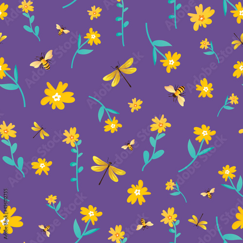 Seamless pattern with flowers  bees and dragonflies.