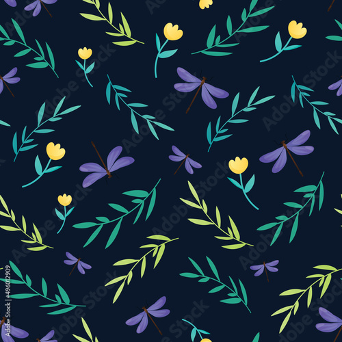 Seamless pattern with wild flowers and dragonflies.