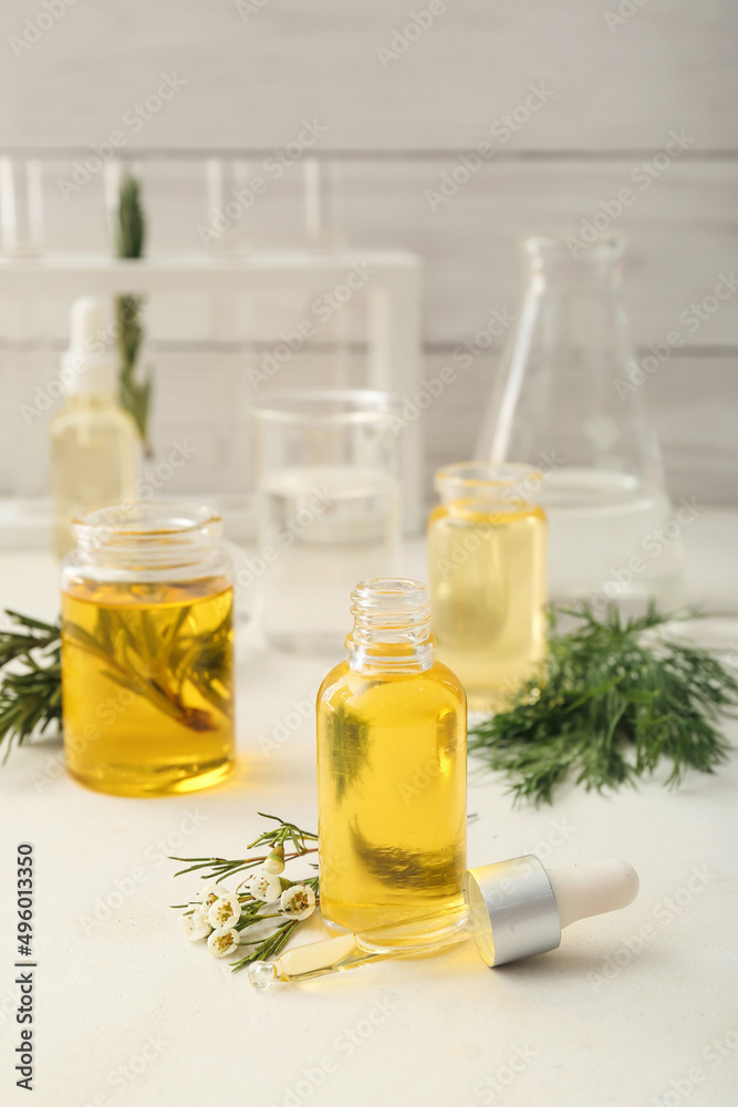 Bottle of natural essential oil in laboratory