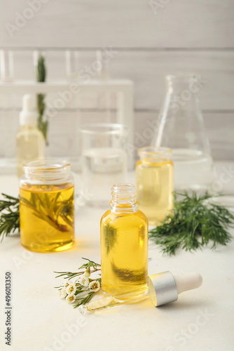 Fototapeta Naklejka Na Ścianę i Meble -  Bottle of natural essential oil in laboratory