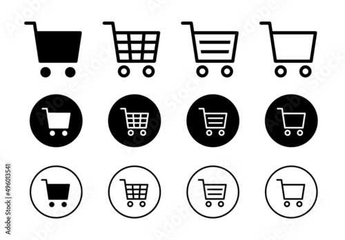 Shopping cart icon collection in black and white design. Shop and sale symbol concept.