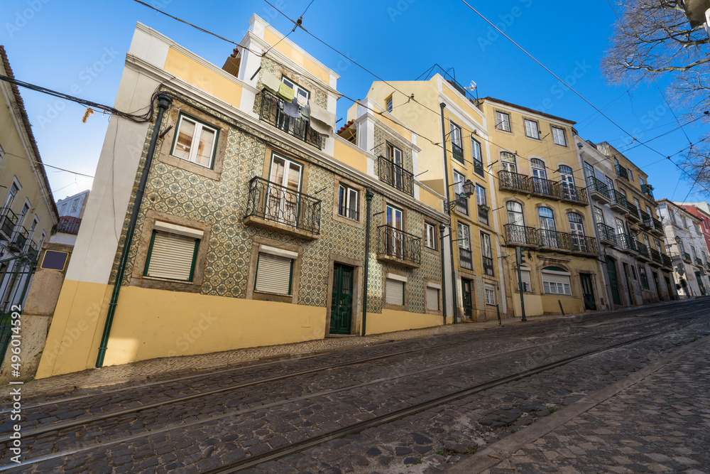 Lisbon's traditional architecture covered with painted tiles. Portugal