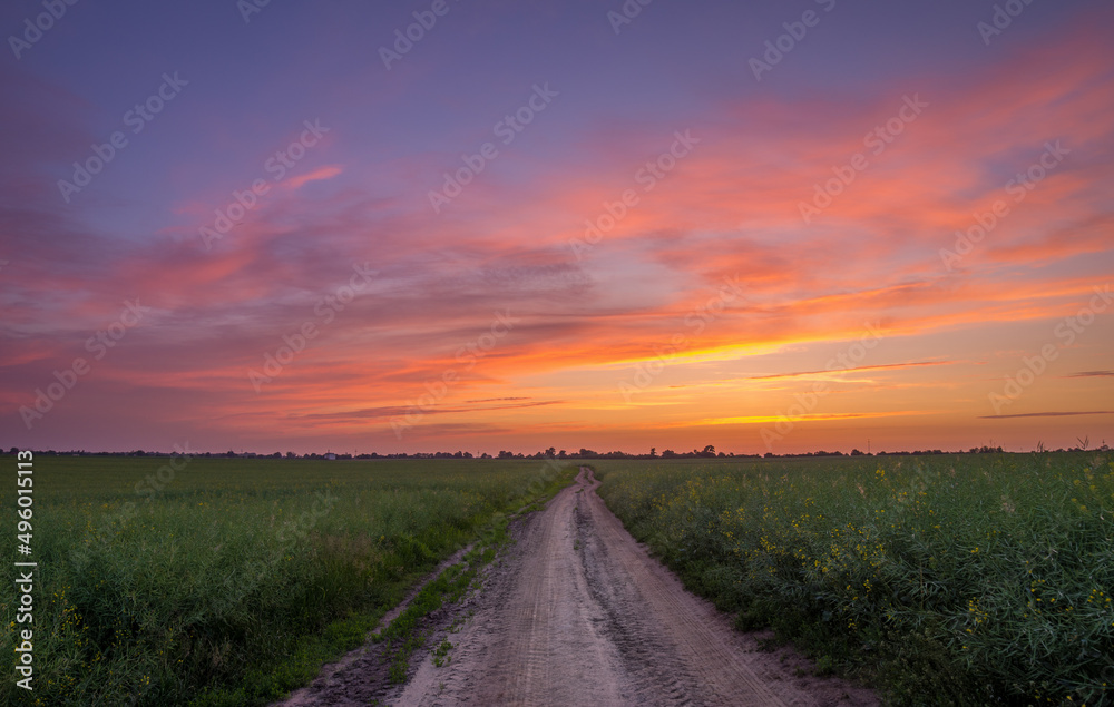 colorful sky at sunrise over the fields