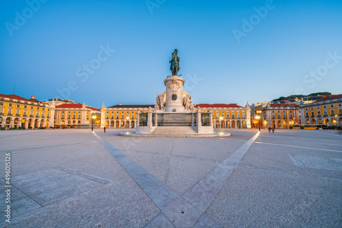 Commerce Square (Praca do Comercio) at sunrise with statue of of King Jose I and Rua Augusta Arch in Lisbon. Portugal