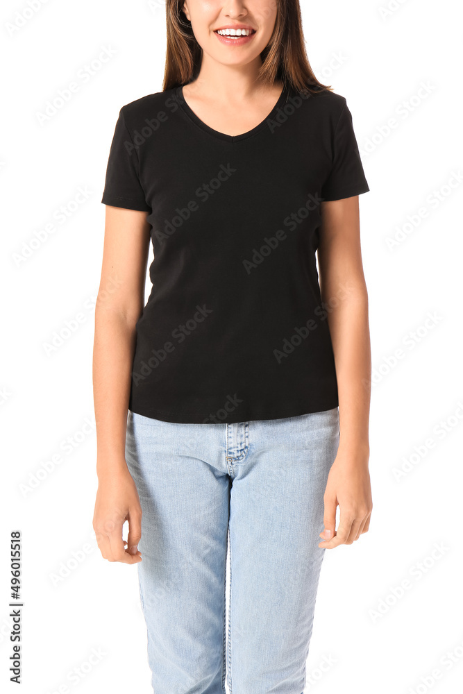 Young woman in blank t-shirt on white background Young woman in blank t-shirt on white background