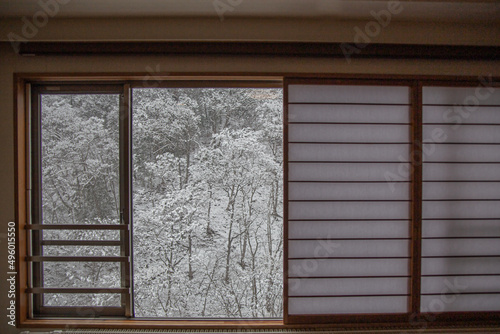 Mountain covered with snow in Japan through Japanese shoji window