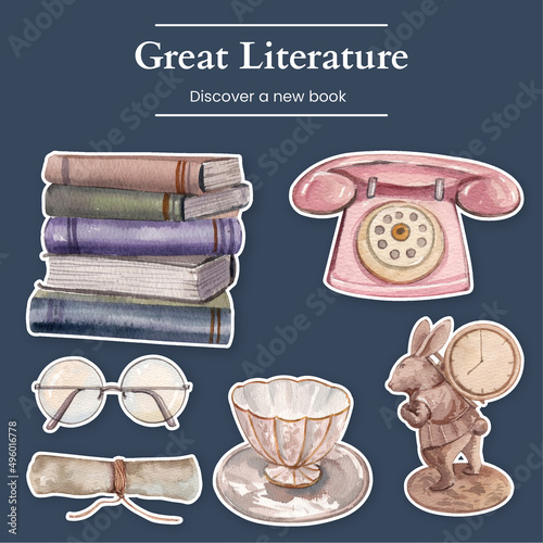 Sticker template with book letter vintage concept,watercolor style