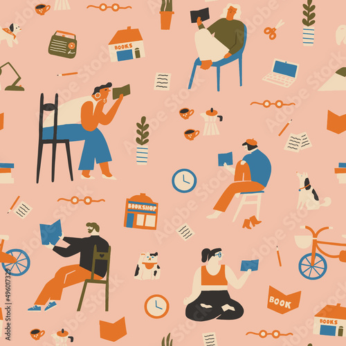 Love read books seamless pattern in vector. People are sitting comfy at the bookshop, library or at home and read. Vector illustration