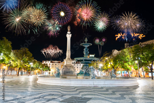Dom Pedro IV square (also know as Rossio square) with fireworks show in Lisbon, Portugal