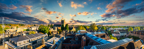 Cambridge city rooftop panorama at sunset in England