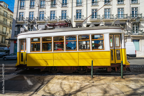 Famous Tram 28 in Lisbon on sunny day. Portugal