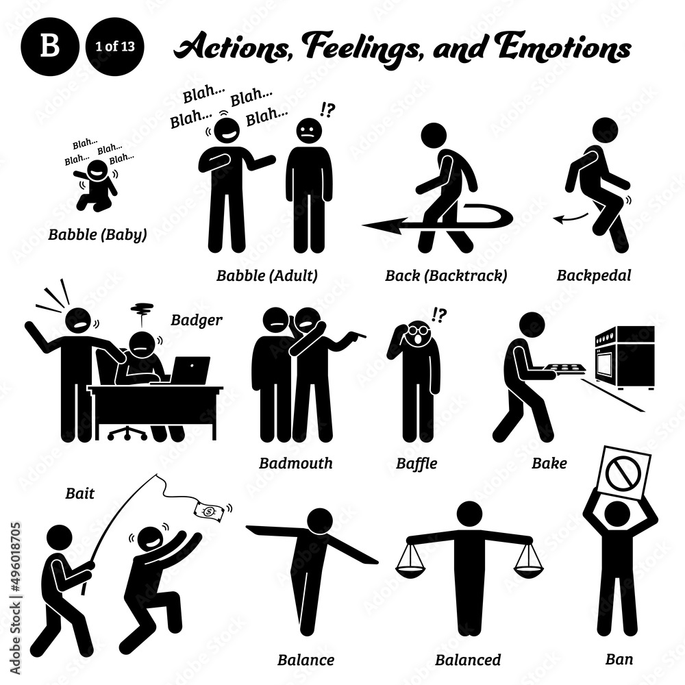 Stick figure human people man action, feelings, and emotions icons starting with alphabet B. Babble, back, backtrack, backpedal, badger, badmouth, baffle, bake, baking, bait, balance, and ban. Stick figure human people man action, feelings, and emotions icons starting with alphabet B. Babble, back, backtrack, backpedal, badger, badmouth, baffle, bake, baking, bait, balance, and ban.