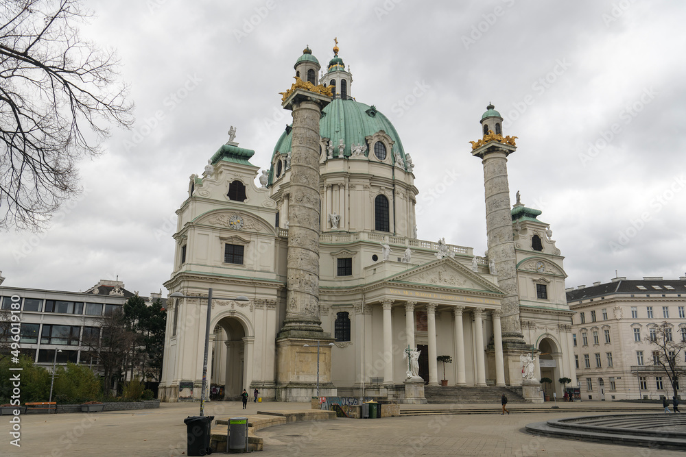 View to famous baroque St. Charles Church or Karlskirche in Vienna, Austria. January 2022